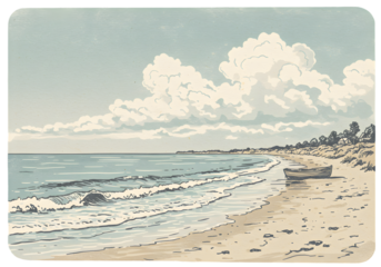 Pixelated Beach Scene Illustrative Art Depicting Ocean Sky and Waves