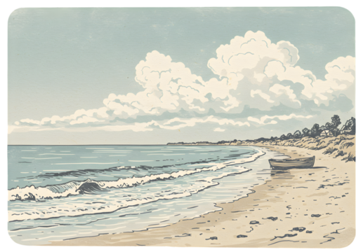 Pixelated Beach Scene Illustrative Art Depicting Ocean Sky and Waves