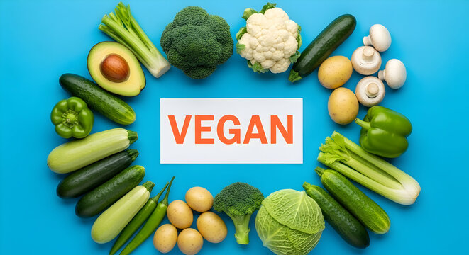 Fresh vibrant vegetables surround a white card with the word VEGAN in bold orange text