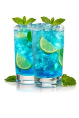 Refreshing blue cocktail with lime slices and mint leaves in clear glasses