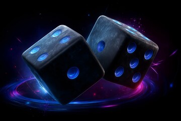 Two glowing dice floating in a cosmic space with vibrant colors and light effects