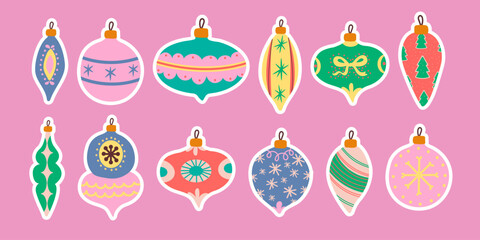 Vintage stickers colorful christmas baubles ball set