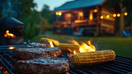 Obraz premium A cozy outdoor barbecue scene featuring grilling steaks and corn, with a rustic cabin illuminated softly in the background.