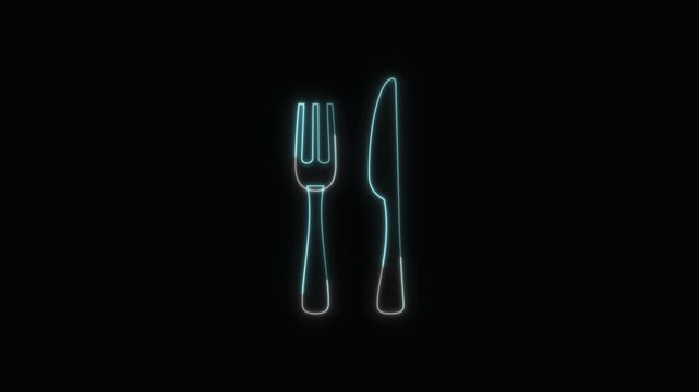  Fork and Knife Icon Neon Seamless Loop 4K with Black Background Animated Promotional Typography for Video Editing