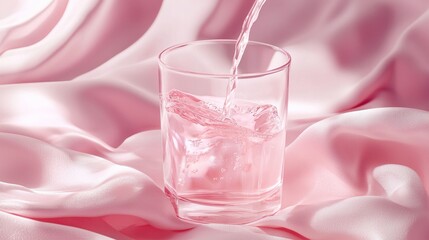 Water pouring into a glass on pink silk