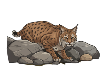 Pixelated Bobcat Sitting on Rocks Illustration with Brown Fur and Brown Eyes