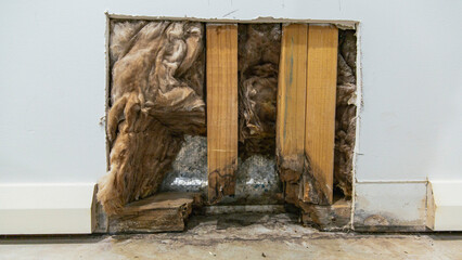 Interior wall cutout exposing moldy insulation and rotten wooden framing near baseboard, signs of...
