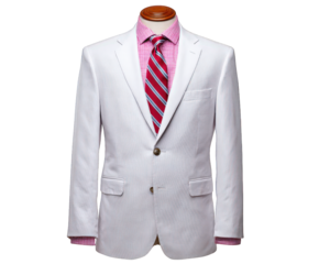 White suit jacket, formal attire, displayed on mannequin, paired with red striped tie and pink checkered shirt, elegant and classic style for wedding or business event