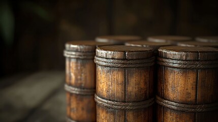 Naklejka premium Wooden barrels arranged tightly, aged