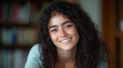 Smiling young woman with curly hair taking notes while studying
