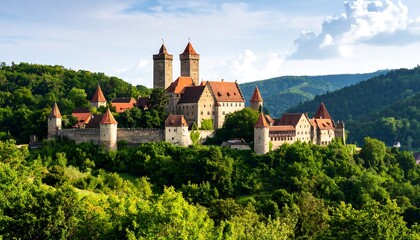 Picturesque medieval castle nestled in lush hills