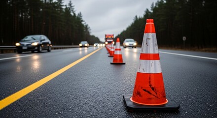 Wet Road Safety Cones Creating a Lane Closure on a Highway with Blurred Traffic in the Background