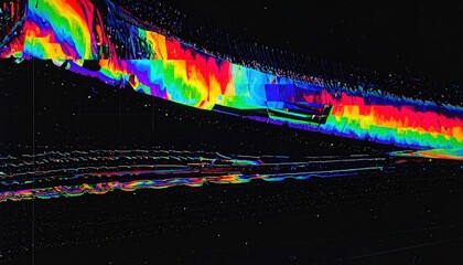VHS corrupted video feed with rainbow RGB distortion on dark screen 