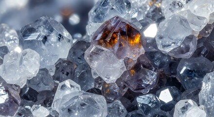 A close-up view of numerous rough, uncut diamonds with varying clarity and color, including a prominent brown stone.