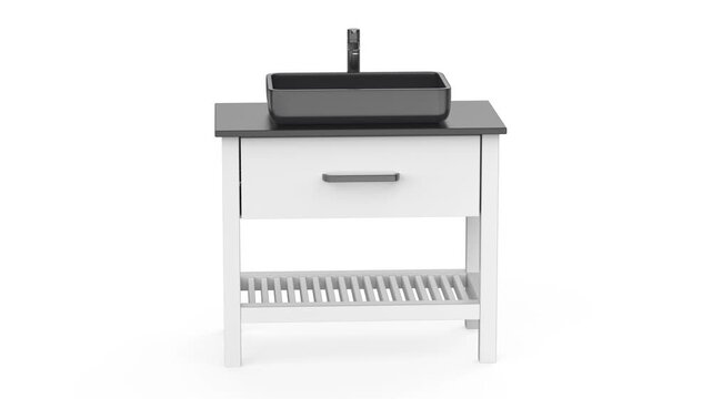 White wash basin cabinet with black sink and faucet on white background