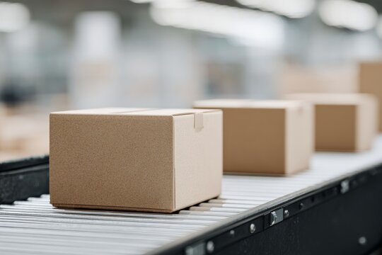 Cardboard boxes are steadily moving along a conveyor belt in a busy distribution center