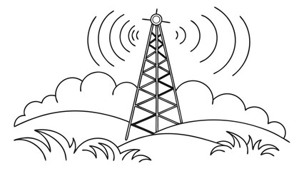 Radio Tower Broadcasting Signal in a Landscape Outline.
