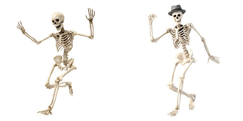 Set of a Skeletons in Various Poses, Isolated on a Transparent Background.