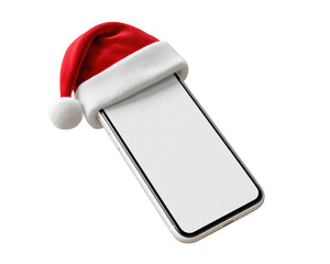 Mobile phone with blank screen wearing red Santa hat, festive holiday concept, isolated on transparency background, cheerful and modern digital celebration, Christmas technology theme