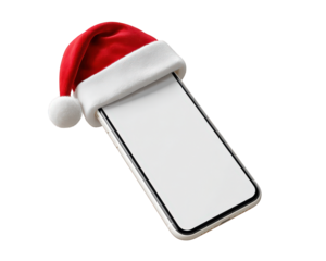 Mobile phone with blank screen wearing red Santa hat, festive holiday concept, isolated on transparency background, cheerful and modern digital celebration, Christmas technology theme