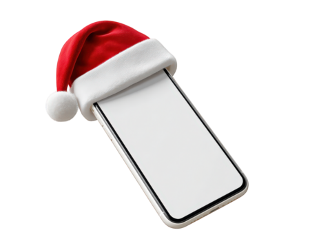 Mobile phone with blank screen wearing red Santa hat, festive holiday concept, isolated on transparency background, cheerful and modern digital celebration, Christmas technology theme - Powered by Adobe