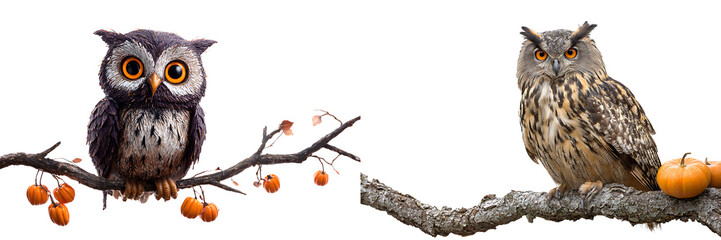 Obraz premium Set of a Halloween Owls on a Tree Branch, Isolated on a Transparent Background.