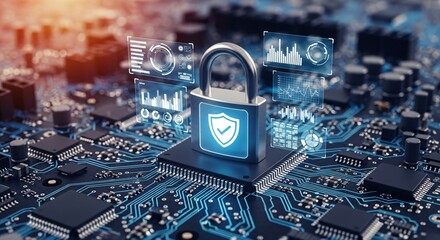 Cyber Security Lock on Microchip Protecting Data and Digital Information Networks
