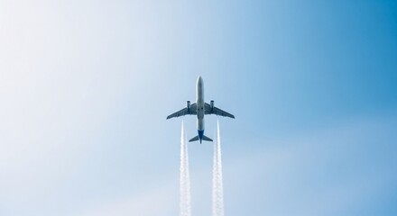 Airplane Soaring Through the Sky A Low-Angle Perspective with Vapor Trails