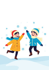 Fototapeta premium Two happy children wearing winter clothes playing in the snow outdoors