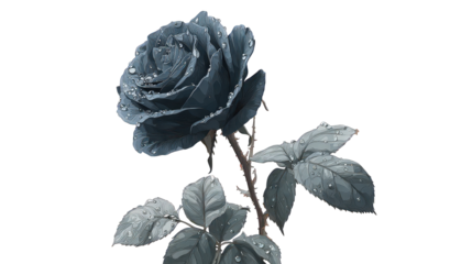 Single Dark Blue Rose with Grey Leaves on Transparent Background