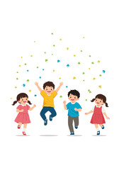 Fototapeta premium Four happy children joyfully jumping and dancing outdoors during a celebration