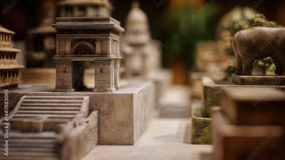 Poster closeup of a handcrafted miniature landmark model featuring fine architectural elements with the sur