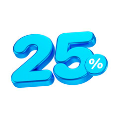 blue 25% or 25 percent number isolated on white background. 3d render