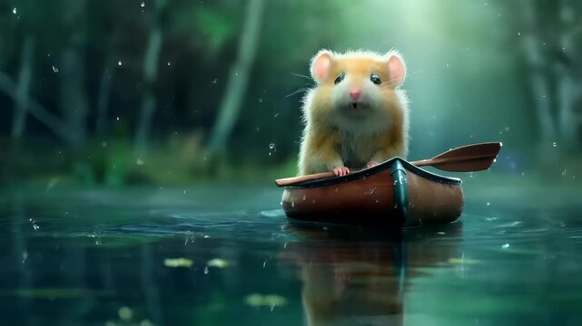A vivid, realistic portrayal of a hamster rowing a wooden canoe on a calm, serene water surface. The hamster is depicted with a lifelike quality, showcasing its soft, fluffy fur and expressive eyes.