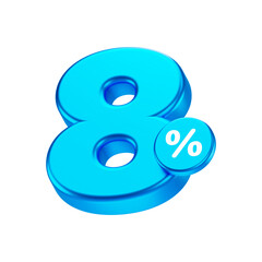 blue 8% or 8 percent number isolated on white background. 3d render