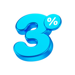 blue 3% or 3 percent number isolated on white background. 3d render