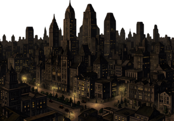 Pixelated City Night View Illustration with Golden Lights and Dark Buildings