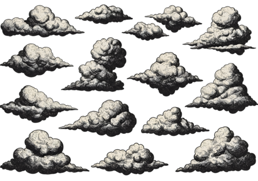 Pixelated Clouds Set In Shades Of Gray Isolated On Black Background Illustration