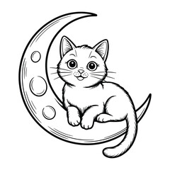 Adorable kitten resting on a crescent moon with starry details
