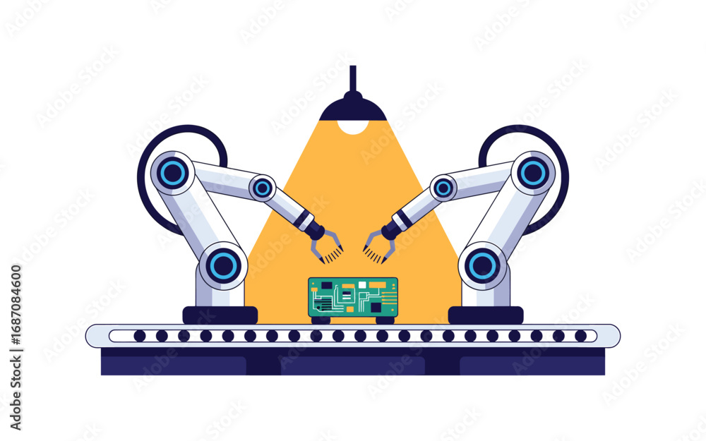 Poster automated manufacturing process: robot arms assembling circuit board on conveyor belt under bright l