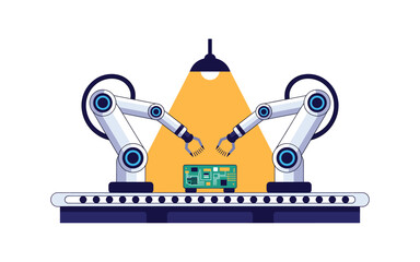 Automated Manufacturing Process: Robot Arms Assembling Circuit Board on Conveyor Belt Under Bright Light for Efficiency and Precision in Industrial Production