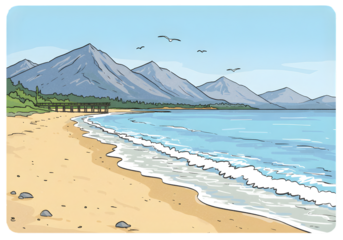 Pixelated Coastal Illustration Of Beach Sea And Mountains Under Blue Sky