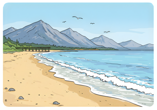 Pixelated Coastal Illustration Of Beach Sea And Mountains Under Blue Sky