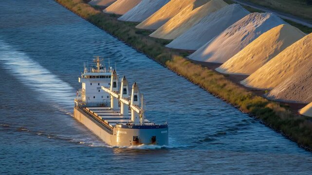 A massive cargo ship navigates a narrow canal with open hatches revealing an organized dry fertilizer load, shimmering reflections on the water.