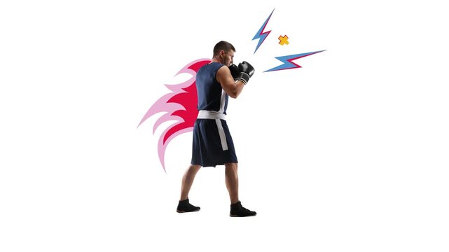 Playful stop motion. Male boxer in dark uniform striking with explosive punch and emotional power. Concept of strength, resilience, determination, fighting spirit, and intense athletic focus.