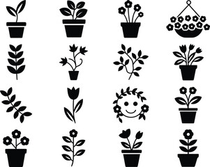 A Charming Collection of Black and White Flower and Plant Iconography Showcasing Diverse Botanical Illustrations of Varied Plants and Floral Arrangements in Pots