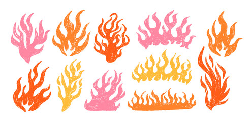 Set orange drawings flames in outline sketch style. Punk hand drawn textured fire and flammable fireball © Nastya