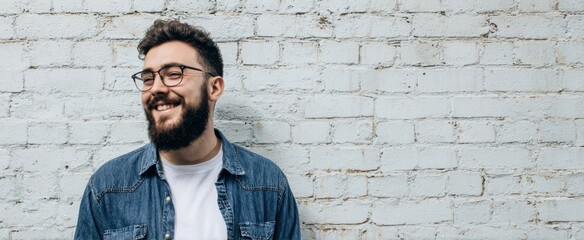 The man with a beard and glasses smiling against a textured wall.