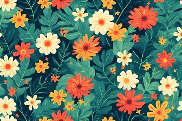 Vibrant floral pattern with lush green leaves and bright daisy-like blooms in warm orange and yellow hues