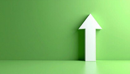 White 3D arrow pointing upward, green background. Symbol of growth, progress and business success